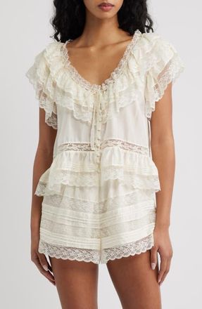 LoveShackFancy Persine Lace Trim Silk Top in Ivory at Nordstrom, Size Xx-Large