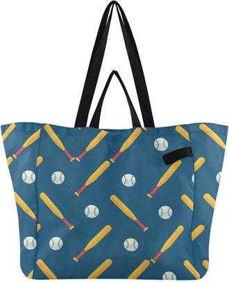 Generic Blue Baseball print Reusable Canvas Tote Bag, Heavy Duty Grocery Shopping Bag with Large Capacity Hard Bottom Double Handles Work Groceries Travel