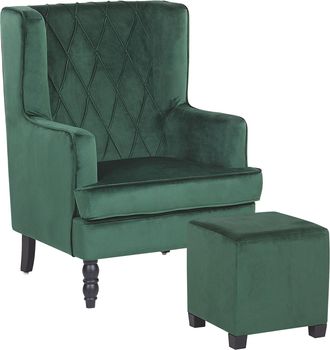 Beliani Beliani - Sill&oacute;n Con Reposapi&eacute;s Tapizado En Tela De Terciopelo Verde Con Patas De Madera Butaca Silla Orejera Sandset