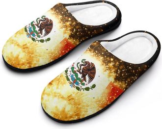 Generic Mexican Flag with Golden Glittering Cotton Slippers for Women Indoor Outdoor Slipper Slip-On Memory Foam Home Shoes