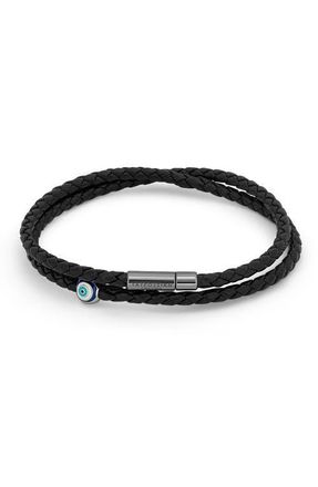 Tateossian Mens Evil Eye Braided Faux Leather Wrap Bracelet in Black at Nordstrom, Size Medium