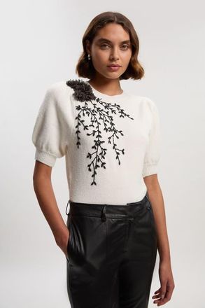 Karen Millen Flower And Beaded Puff Sleeve Knit Tee in Ivory at Nordstrom, Size Large