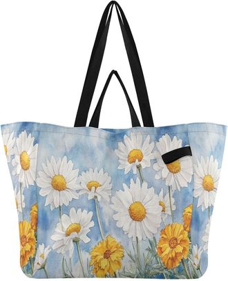 Generic Flowers White Blue print Reusable Canvas Tote Bag, Heavy Duty Grocery Shopping Bag with Double Handles Hard Bottom Large Capacity Work Groceries Trave