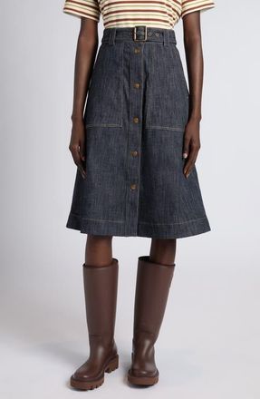 Moncler Belted Denim Midi Skirt in Blue at Nordstrom, Size 10 Us
