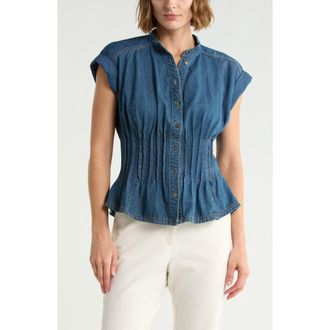 Current Elliott Pleated Fitted Cotton Denim Top in Medium Wash at Nordstrom Rack, Size X-Small