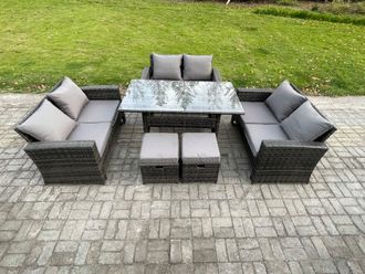 Fimous Wicker PE Rattan Garden Furniture Sets Outdoor Lounge Sofa Set with Oblong Dining Table Double Seat Sofa Dark Grey Mixed