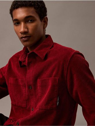 Calvin Klein Mens Corduroy Classic Button-Down Shirt - Red - XS