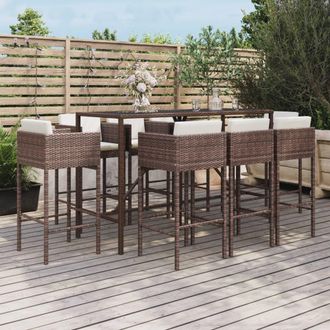 vidaXL Mesa Y Taburetes Altos Jard&iacute;n 9 Pzas Y Cojines Rat&aacute;n Pe Marr&oacute;n Vidaxl