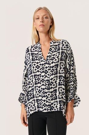 Soaked In Luxury Zaya 3/4 Sleeves V-Notch Neck Blouse in White And Navy Folklore at Nordstrom, Size X-Small