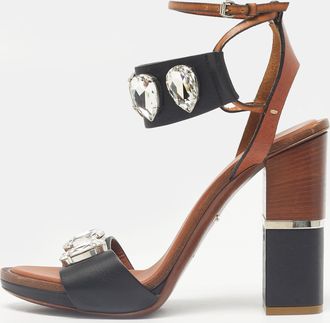 Roberto Cavalli Brown/black Leather Crystal Embellished Ankle Strap Sandals