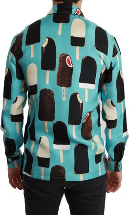 Dolce & Gabbana Blue Silk Ice Cream Print Casual Mens Shirt