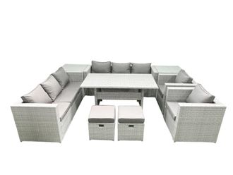 Fimous Rattan Garden Furniture Set Outdoor 8 Seater Patio Dinin g Sofa Sets w/ Dining Table 2 Chairs 2 Side Tables 2 Small Footstools Light Grey Mixed