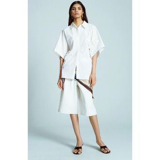 Topshop Floral Appliqu&eacute; Cotton Resort Shirt in White at Nordstrom Rack, Size X-Small