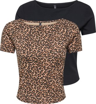 Only Kurzarmshirt ONLY ONLSUSAN SHORT S/S 2 PACK TOP CS JRS, Damen, Gr. XL, schwarz pack:leo, Jersey, Obermaterial: 95% Baumwolle, 5% Elasthan, bedruckt, u