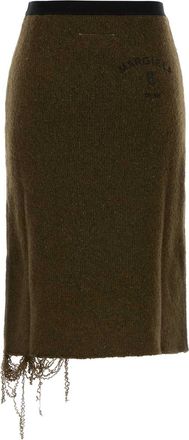 Maison Margiela Womens Distressed Wool-Blend Midi Skirt Brown Virgin Viscose