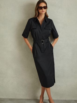 Reiss Womens Black Cotton Utility Belted Midi Dress, Size: 6