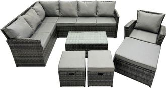Fimous 10 Seat Poly Rattan Outdoor Patio Coffee Table Corner Sofa Set with 3 Stools Chair for Garden Backyard Dark Grey Mixed - Fimous