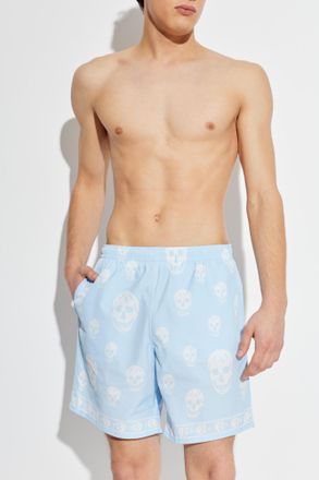 Alexander McQueen Swim Shorts With Skull Motif, Mens, Light Blue