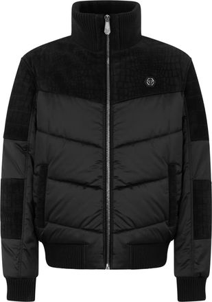 Philipp Plein Matte Nylon Puffer Jacket Textured Panel Canvas Down Jacket