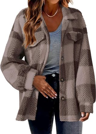 Generic Womens Fleece Jacket Fashion Button Down Womens Casual Plaid Jackets Turndown Collar Long Sleeve Checkered Winter Warm Jackets With Pockets