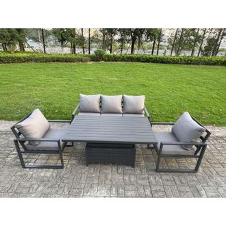 Fimous Fimous 4-Piece Aluminium Garden Furniture Sets 5 Seater Outdoor Sofa Set with Adjustable Rising Lifting Dining Table 2 Chairs