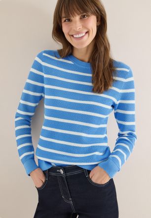 Cecil Strickpullover CECIL, Damen, Gr. XXL (46), fountain blau, Strick, Obermaterial: 100% Baumwolle, gestreift, normal h&uuml;ftbedeckend, Rundhals, B&uuml;ndchen, P