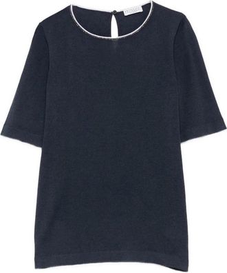 Brunello Cucinelli Monili-trim Kasjmier Top - Dames - T-shirts - Blauw - XS - Kasjmier - Tops