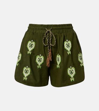 Farm Rio Embroidered linen-blend shorts