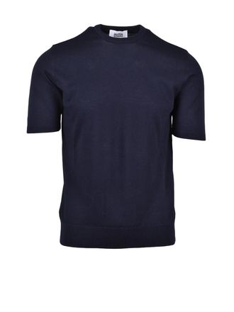 Alpha Studio Navy Blue Cotton Crewneck Top