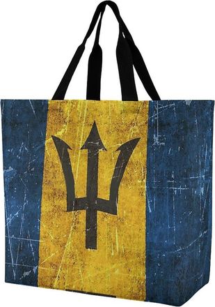 Generic Vintage Aged And Scratched Barbados Flag Reusable Shopping Bags One Shoulder Grocery Tote Bag Waterproof Big Purse for Work Travel
