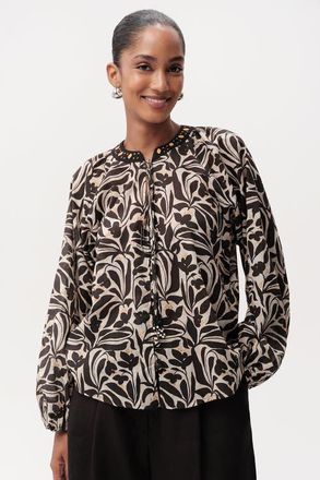 Exquise Bernadina Long Sleeve Blouse in Brown And Cream at Nordstrom, Size Medium