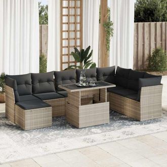 vidaXL Set Muebles Jard&iacute;n 9 Pzas Y Cojines Rat&aacute;n Sint&eacute;tico Gris Claro Vidaxl