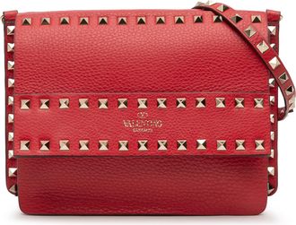 Valentino Pre-owned Womens Small Grained Calfskin Rockstud Crossbody - Red Leather - One Size