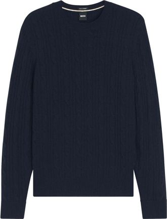 HUGO BOSS H-Hetico Kabelgebreide Trui - Heren - Ronde hals truien - Blauw - M - Wol - Truien & Vesten