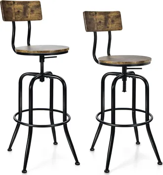Costway Costway - Juego De 2 Taburete De Bar Industrial 69-76 Cm/taburete Giratorio Ajustable Con Respaldo Arqueado, Reposapi&eacute;s, Asiento Redondo, Taburete De 