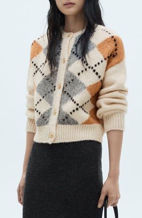 Mango Rombin Argyle Cardigan in Ecru at Nordstrom, Size Large