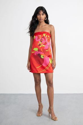 Warehouse Womens Satin Strapless Placement Floral Print Mini Dress - Red - Size 12 UK