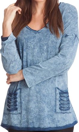 Angel Stonewash V-Neck Cut Out Pocket Top In Light Blue
