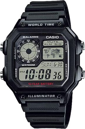 Casio Mens World Time Digital Resin Strap Watch Black - AE-1200WH-1AVCF
