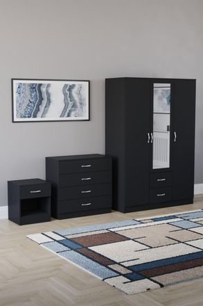 Home Discount Vida Designs 3Pc Bedroom Set 1Bedside, 4 Drawer Chest, Mirror Wardrobe in Black