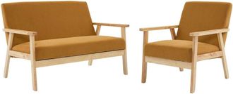 Sweeek Sof&aacute; de 2 plazas y sill&oacute;n de pana con patas de madera, mostaza