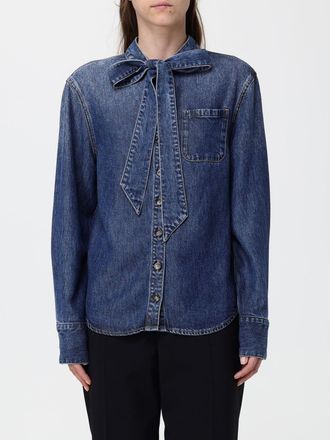 Self Portrait Pussy-Bow Denim Shirt with Patch Pockets