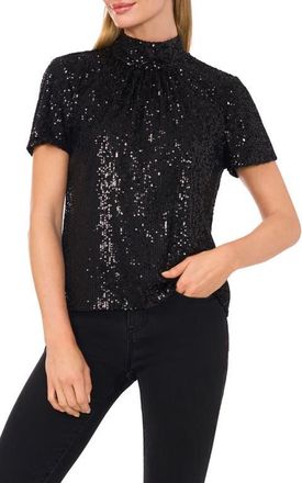 CeCe by Cynthia Steffe Sequin Mock Neck Top in Rich Black at Nordstrom, Size X-Large