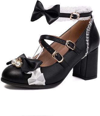 Generic Womens Lolita Pumps Round Toe Double Bow Pearl Embellishment Ruffle Trim Adjustable Buckle Straps Chunky Block Heels Lightweight Comfortable,Black,10.