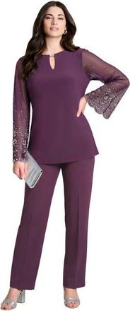 Roaman's Mesh Overlay Embellished Top in Dark Berry at Nordstrom, Size Medium