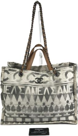 Chanel Gray White Leather Canvas Shoulder Bag Tote Bag (Pre-Owned)