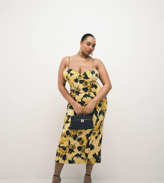 Asos Curve ASOS DESIGN Curve - Prendisole lungo in rasatello di cotone giallo con stampa e dettaglio sul busto-Multicolore