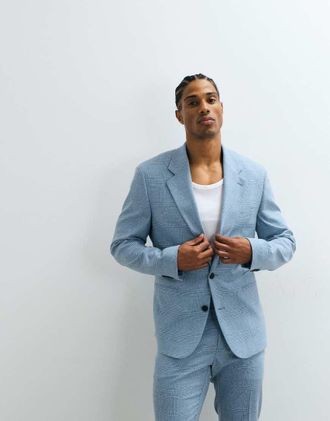 Asos Giacca da abito skinny in misto lino a quadri blu