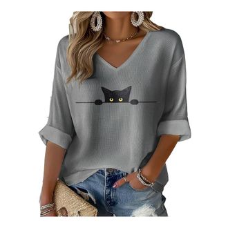 Generic Womens Cat Print Waffle V-Neck T-Shirt Cute Halloween Black Cat Shirt (UK, Alpha, XL, Regular, Regular, Gray)