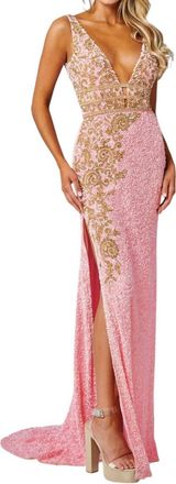 Rachel Allan Beaded Tulle Deep V-Neckline Prom Dress In Pink/gold